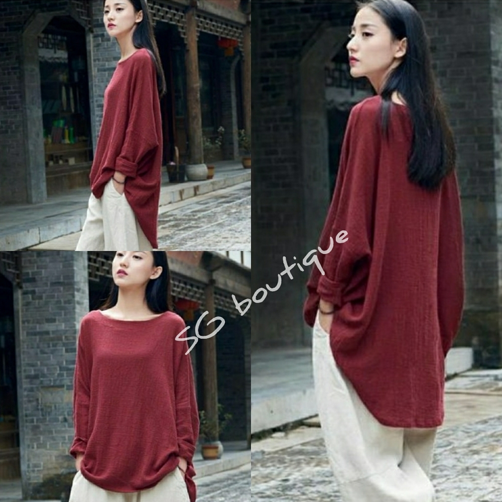 🆕⭐ Wine red oversized linen dolman top
